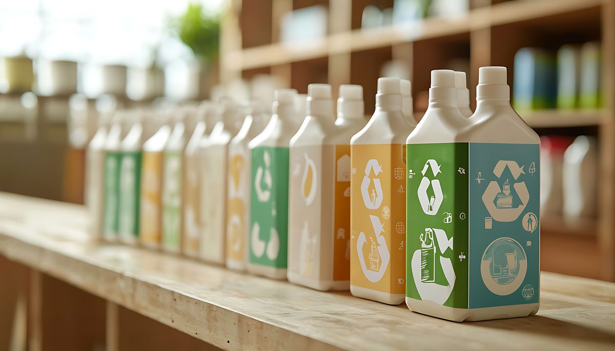 A row of cleaning bottles with recycling and eco labels on a shelf