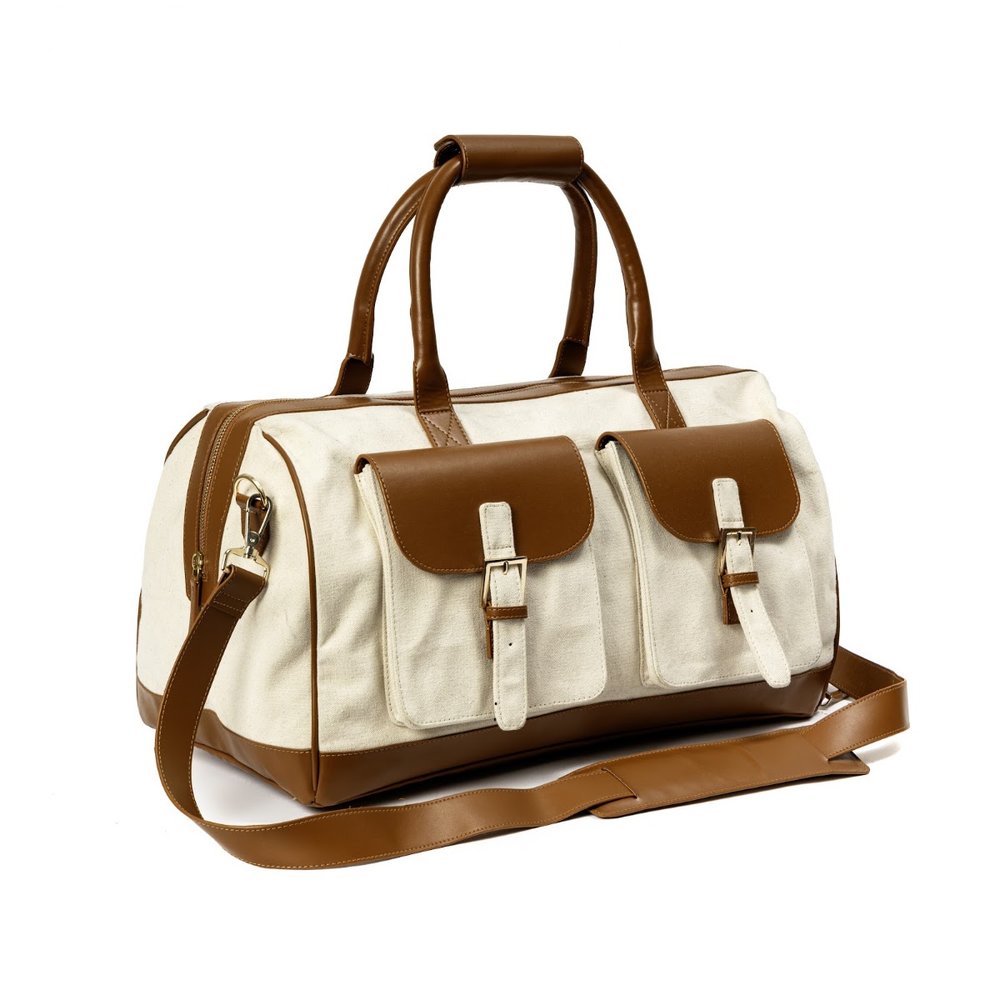 Ajax Vegan Leather Duffle Bag - Beige & Gingerbread