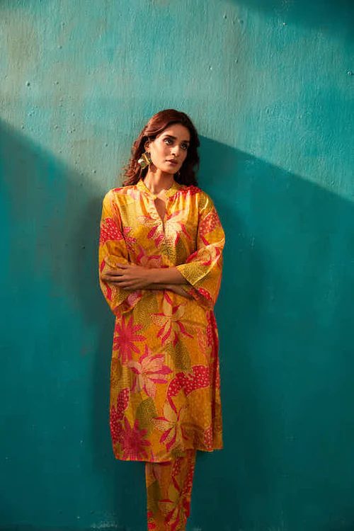 Yellow Floral Long Kurta Co-Ord Set