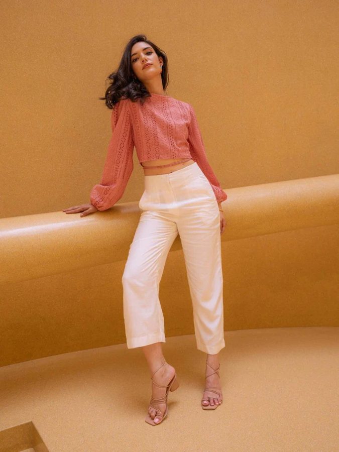 Salmon Schiffli Cut Work Crop Top