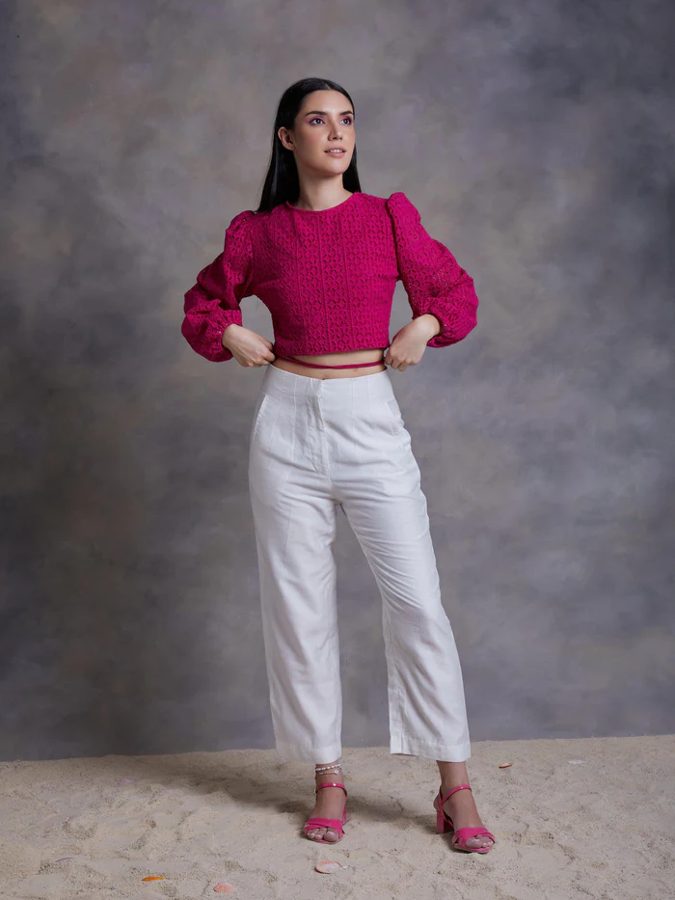 Fuchsia Cut Work Schiffli Crop Top