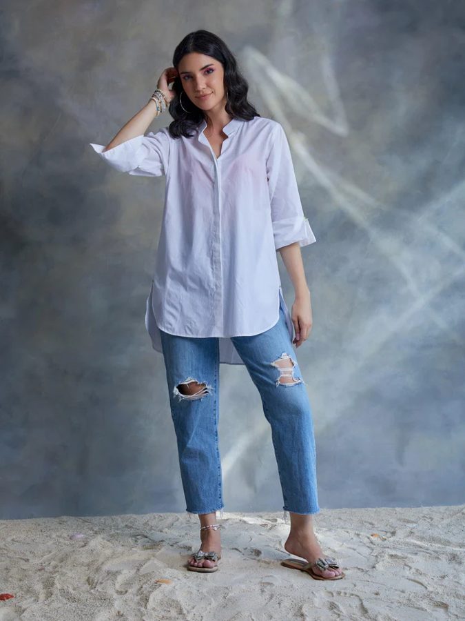White Poplin Shirt With Shell Beading