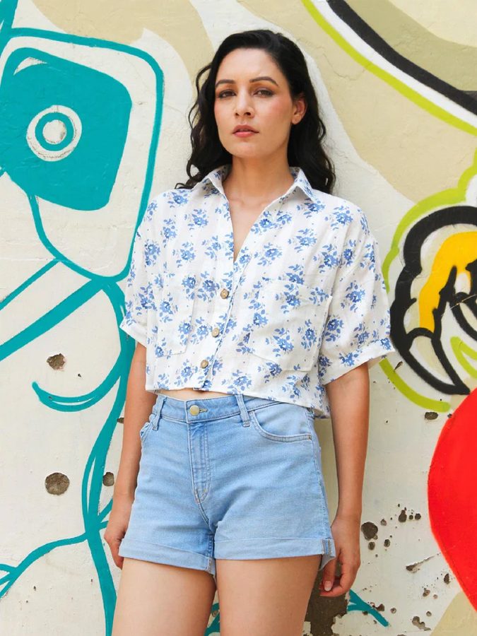 Ivory Floral Linen Crop Top