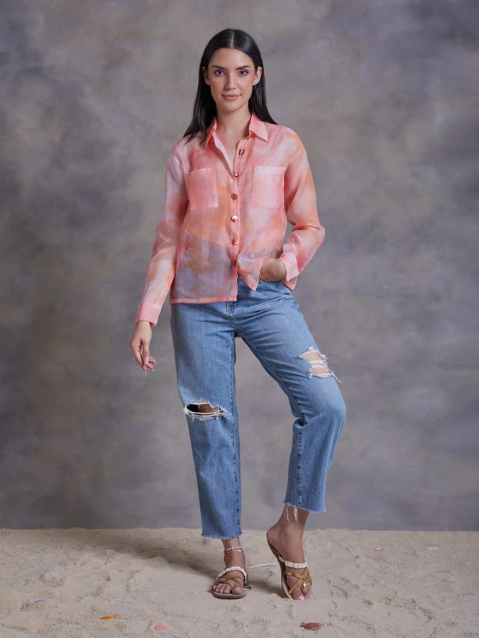 Peach Abstract Texture Print Organza Shirt