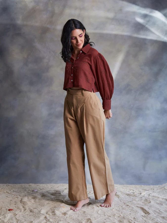 Brown Cut Work Crop Shirt