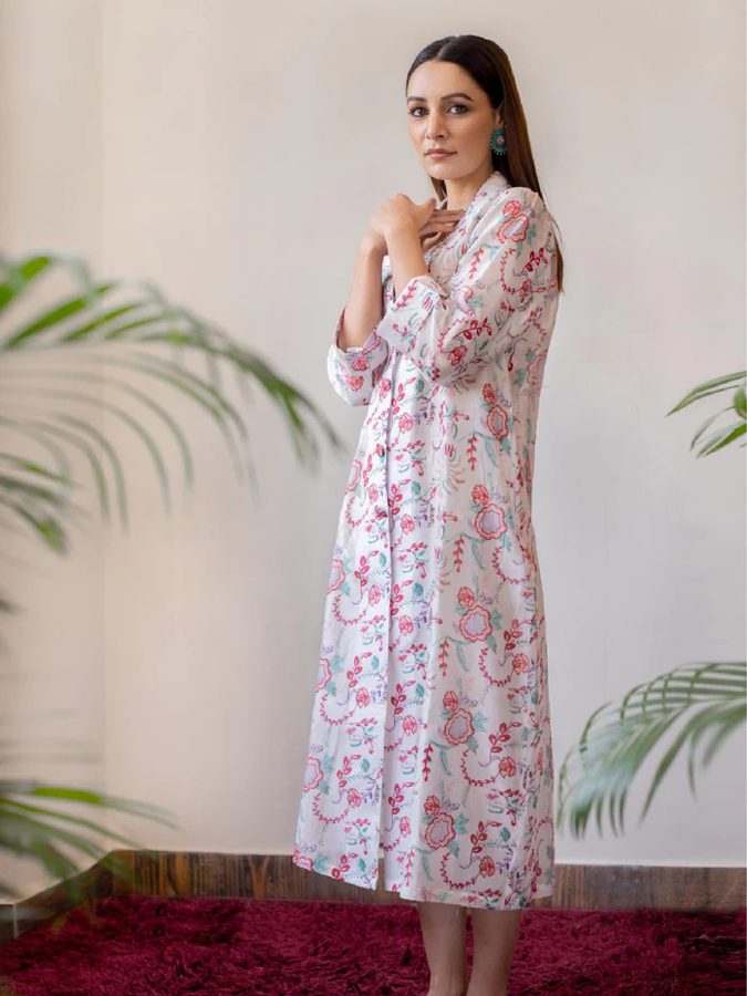 Ivory Floral Print Chanderi Shirt Dress