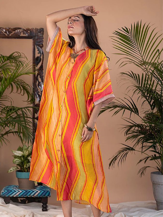 Adira Geometric Print Chanderi Button Kaftan Dress