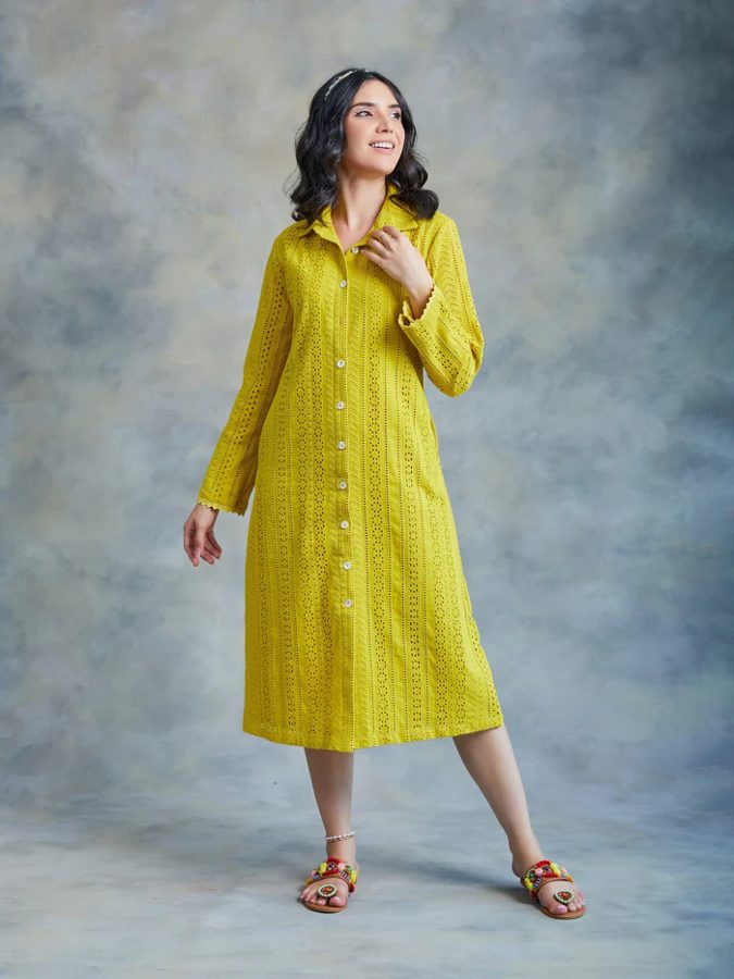 Lime Yellow Cut Work Midi Shirt Dress