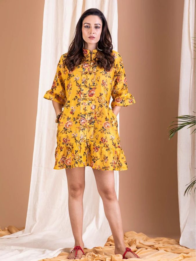Sifar Yellow Floral Printed Dress