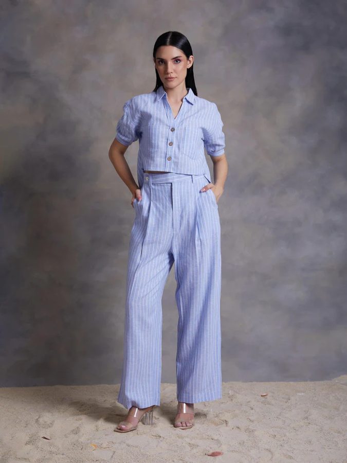 Sky Blue Pinstripe Linen Wide Leg Pants