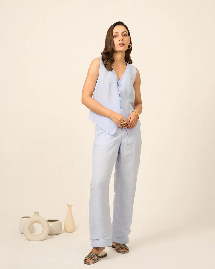 Sky Blue Linen Vest Pants Set