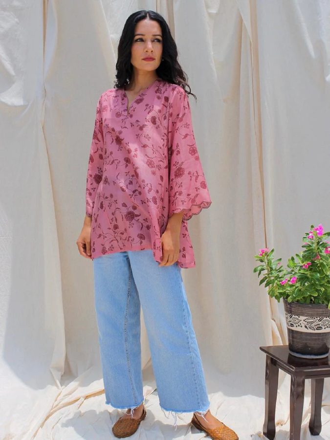 Mauve Floral Cotton Silk Kurta