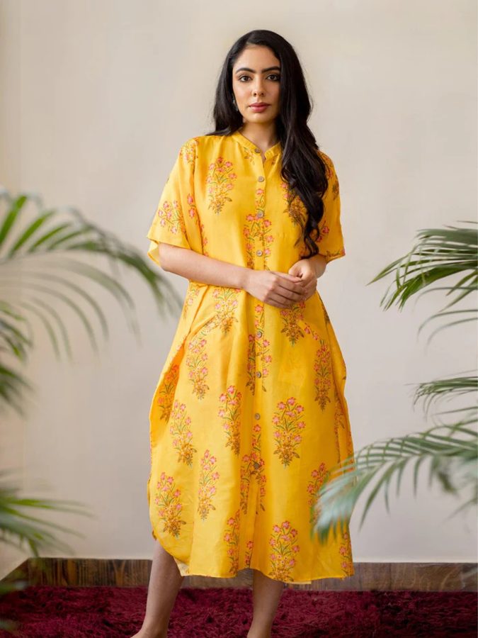 Yellow Floral Block Print Chanderi Button Kaftan