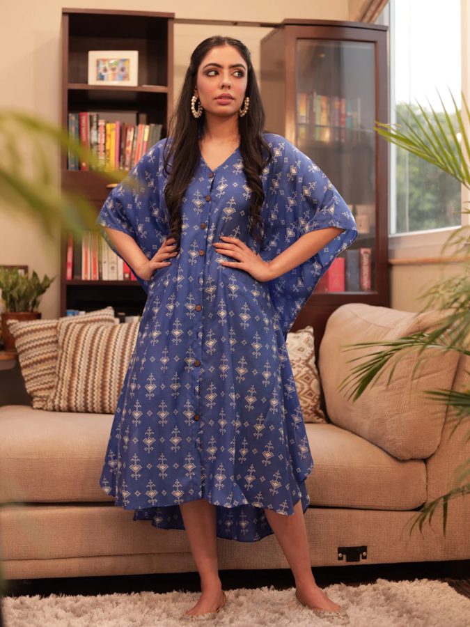 Royal Blue Cotton Silk Button Kaftan Dress