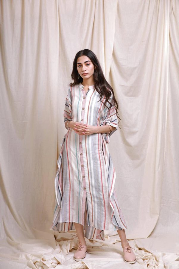 Ecru Striped Buttoned Kaftan Dress