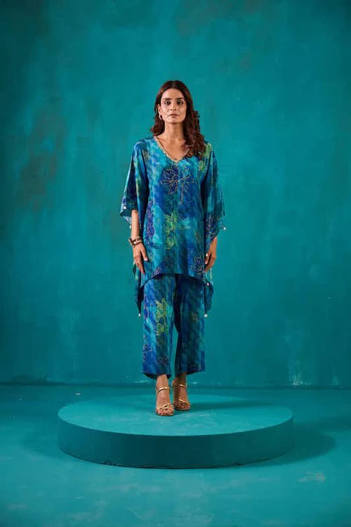 Teal Blue Printed Kaftan Co-ord Set