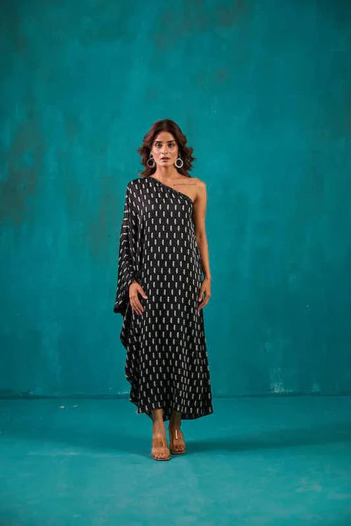 Black Satin One Shoulder Kaftan