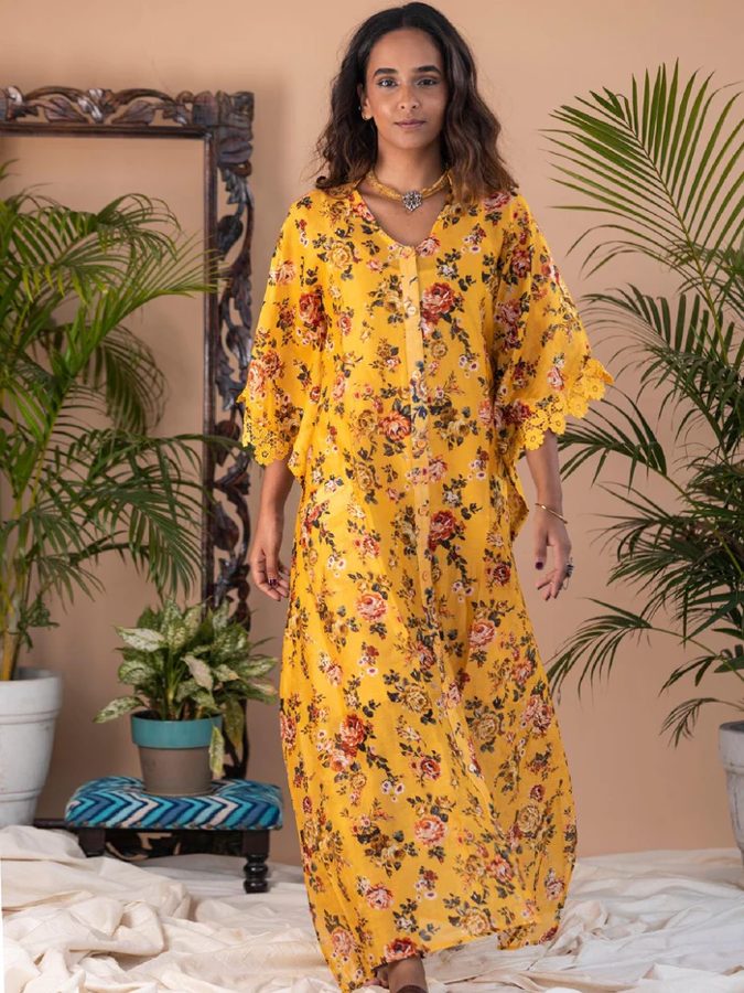 Tazkia Yellow Floral Button Long Kaftan