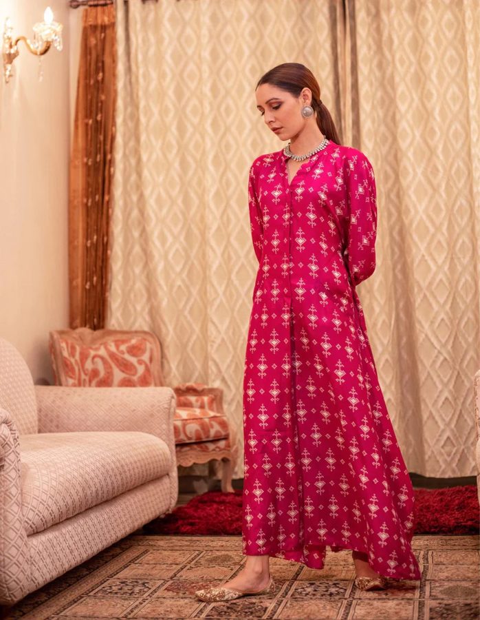 Fuchsia Cotton Silk Box Pleat Kaftan Dress