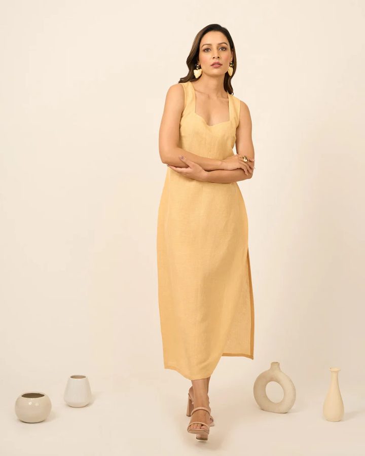 Yellow Linen Midi Dress With Side Slit