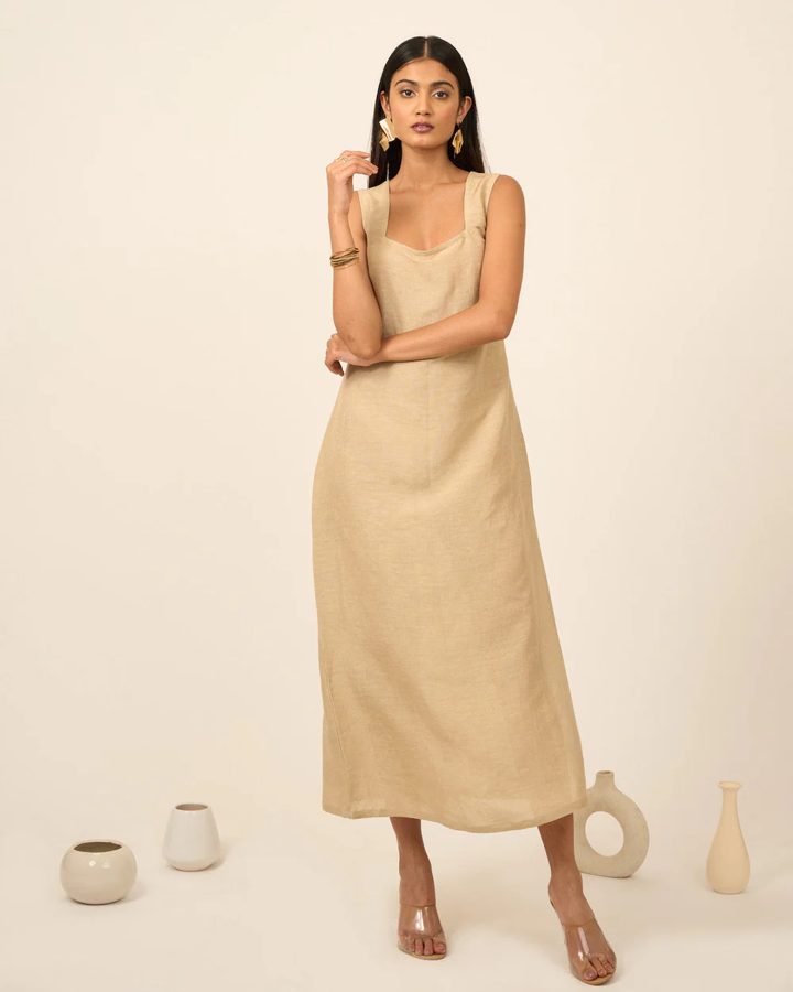 Sand Linen Midi Dress With Side Slit