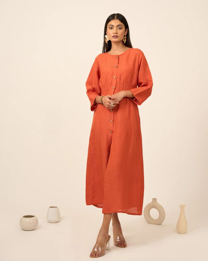 Rust Linen Midi Dress With Pintucks