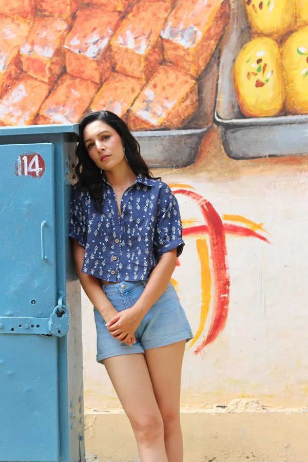 Navy Printed Linen Crop Top