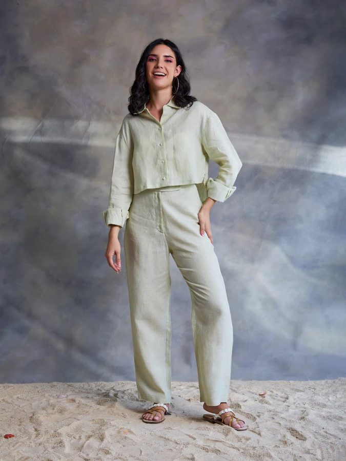 Lime Green Pinstripe Linen Pant