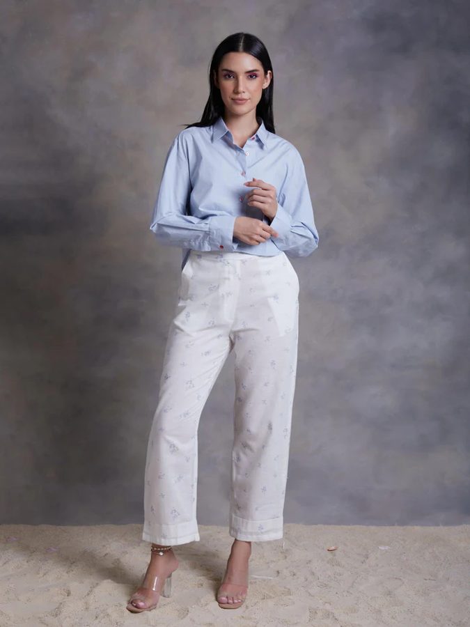Ditsy Blue Printed Linen Pants