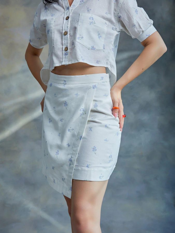 Ditsy Blue Printed Linen Skirt