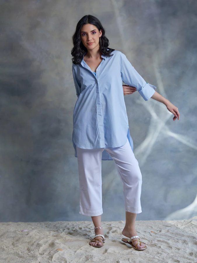 Pastel Blue Poplin Shirt With Shell Beading