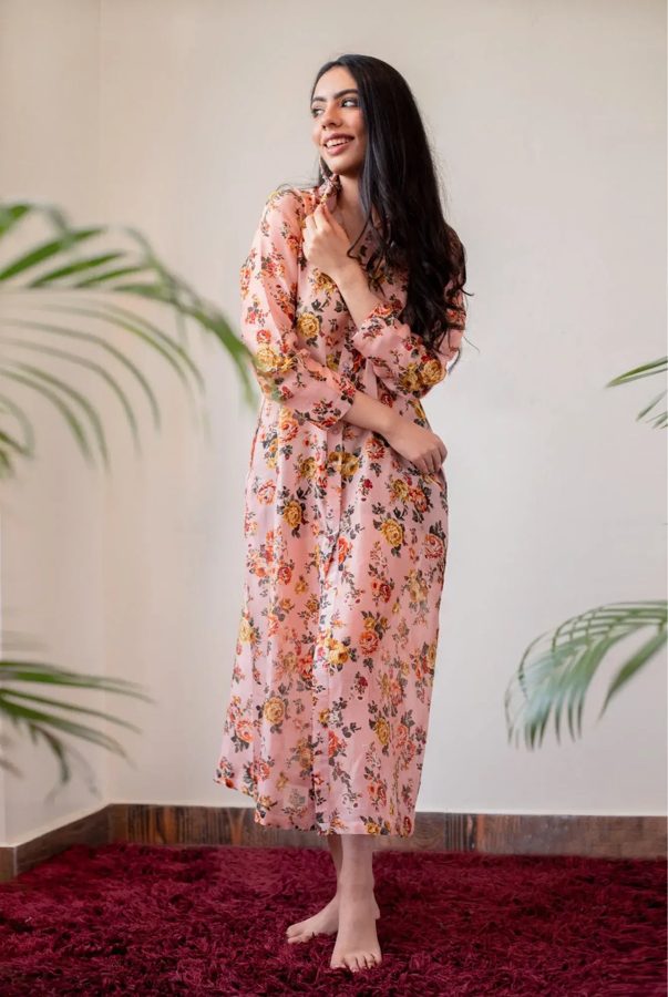Blush Peach Floral Print Chanderi Shirt Dress